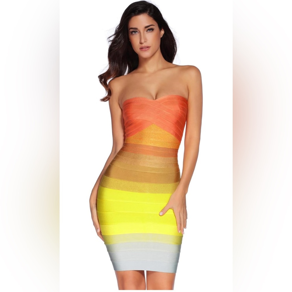 Women's Bandage Straless Bodycon Rainbow Cocktail Party Dress Size Medium